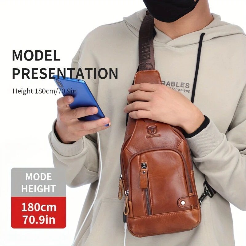 (image for) BULLCAPTAIN Mens Genuine Leather USB Charging Large Capacity Business Casual Chest Bag Shoulder Crossbody Bag